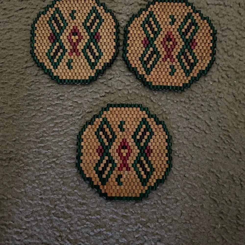 Vintage Set Of 3 Wooden Beaded Geometric Patterned Trivets For Hot Cookware 6in